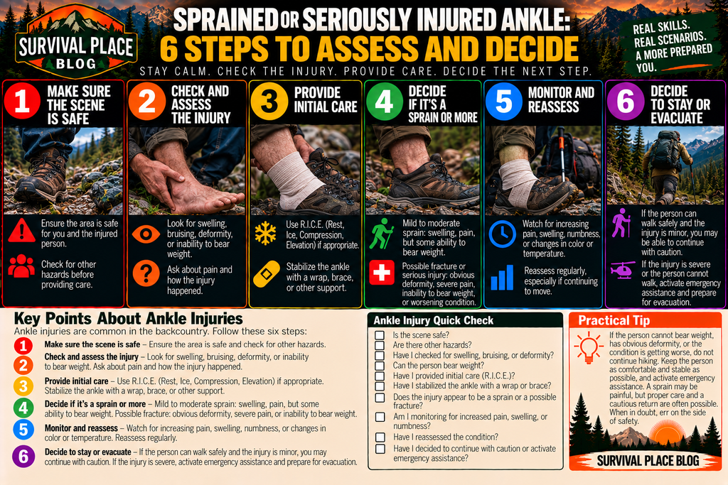 Survival Place Blog infographic showing six steps for a sprained or seriously injured ankle: make sure the scene is safe, check and assess the injury, provide initial care, determine whether it may be a sprain or more serious injury, monitor and reassess, and decide whether to stay or evacuate.
