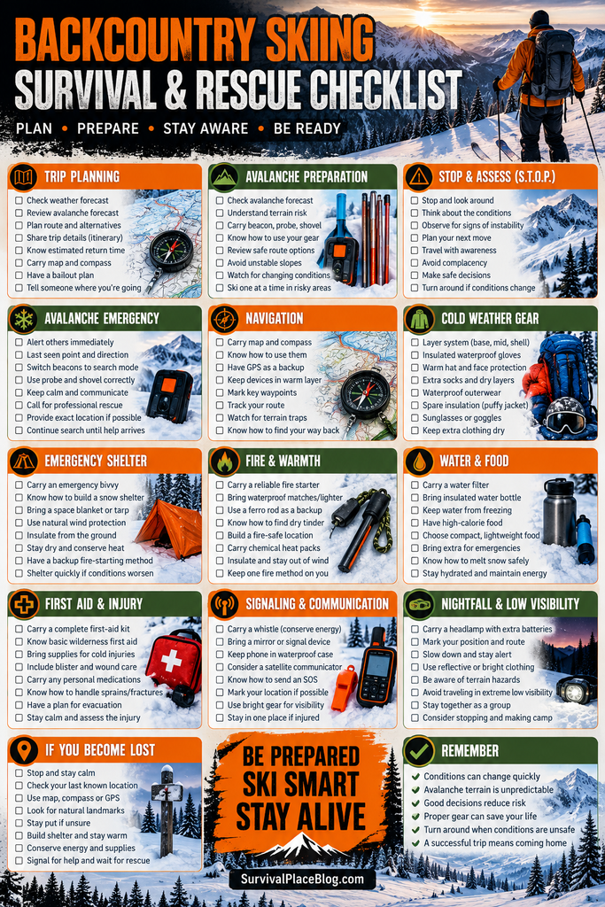 Backcountry skiing survival and rescue checklist covering avalanche safety, navigation, emergency shelter, cold weather gear, first aid, signaling and what to do if you become lost.