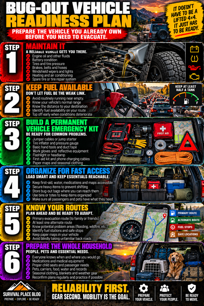 Bug out vehicle readiness plan infographic showing six steps for preparing an emergency evacuation vehicle: maintenance, fuel, vehicle emergency kit, organized supplies, evacuation routes, and household and pet needs.
