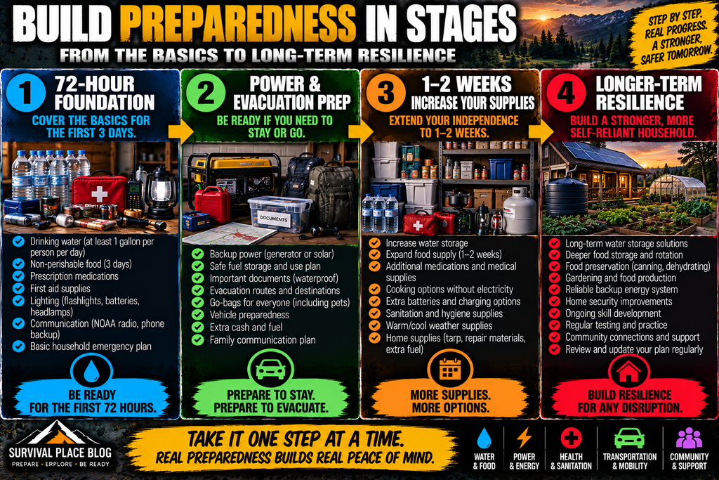 Preparedness infographic showing four stages: a 72-hour emergency foundation, power and evacuation preparation, expanding household supplies to one or two weeks, and building longer-term resilience through water storage, food preservation, gardening, backup energy, skills, and community support.

