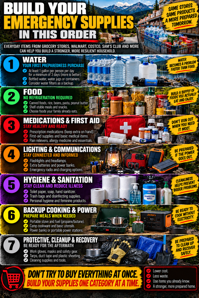 Emergency preparedness shopping infographic showing seven supply priorities: water, food that requires no refrigeration, medications and first aid, lighting and communications, hygiene and sanitation, backup cooking and power, and protective cleanup and recovery equipment. The graphic emphasizes building supplies gradually, one category at a time.