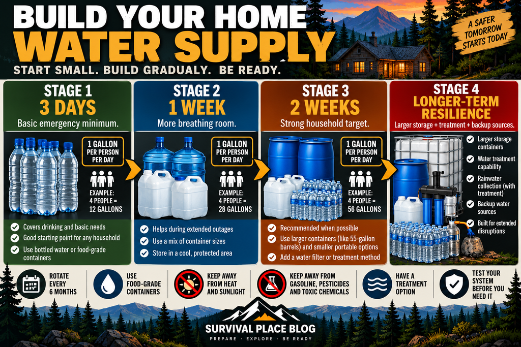 Home water storage infographic showing four stages of preparedness: three days, one week, two weeks, and longer-term resilience, with guidance for container storage, water treatment, and backup water sources.