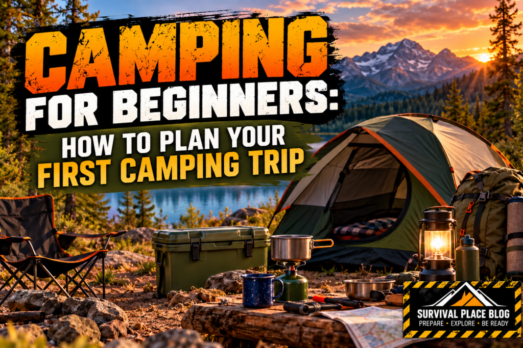 Camping for beginners guide showing a tent, camp stove, cooler, lantern, chairs and essential camping gear at a mountain campsite.
