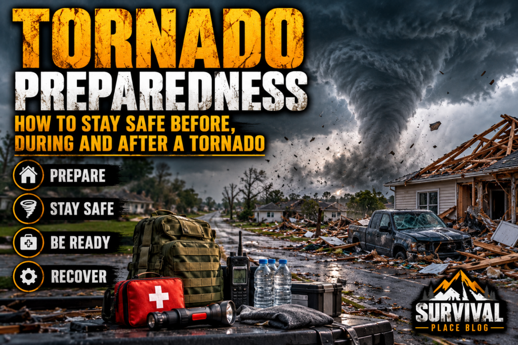 Tornado preparedness with emergency supplies and severe tornado damage