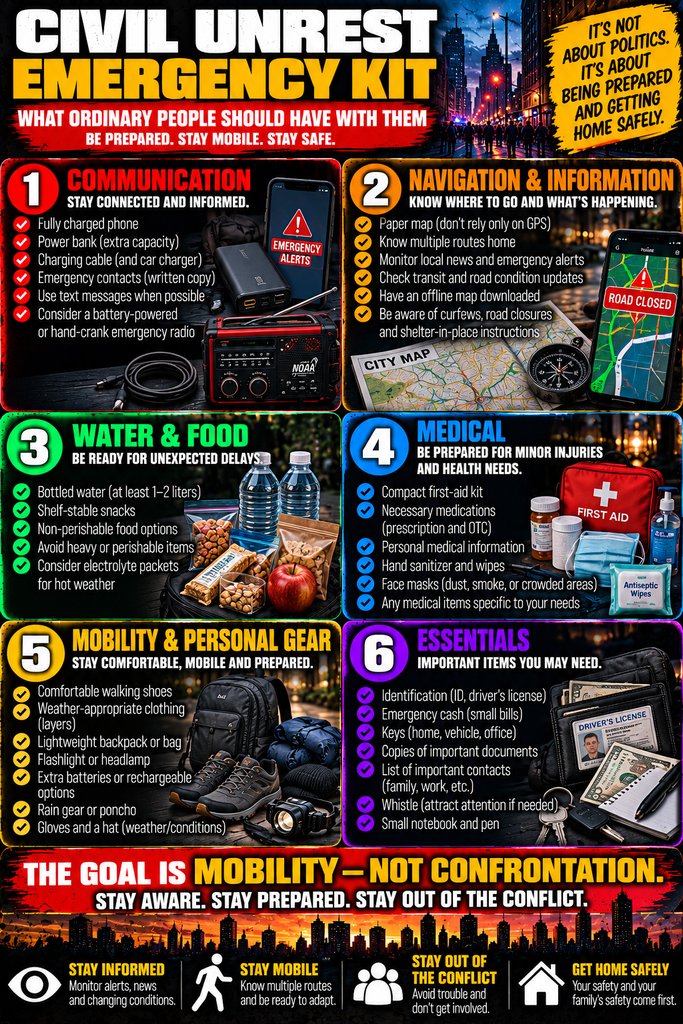 Civil unrest emergency kit infographic showing six preparedness categories: communication, navigation and information, water and food, medical supplies, mobility and personal gear, and essentials such as identification, cash, keys, documents and emergency contacts.