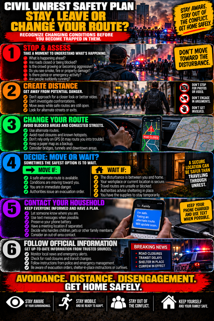 Civil unrest safety plan infographic showing six steps: stop and assess conditions, create distance from danger, change your route, decide whether to move or wait, contact your household, and follow official emergency information.