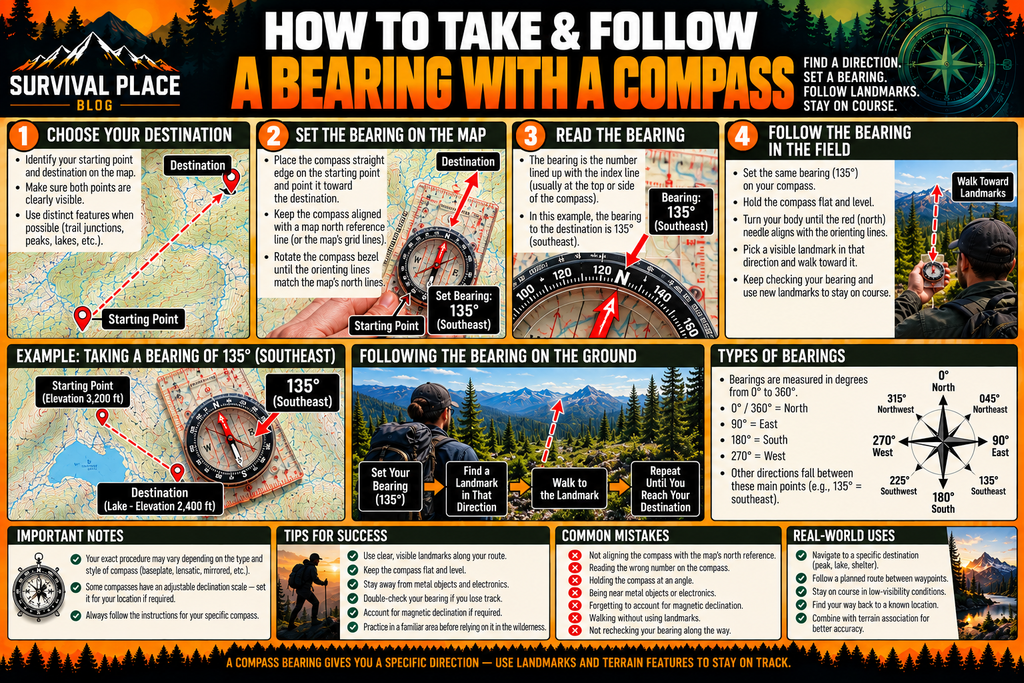 Step-by-step guide showing how to take and follow a compass bearing from a map, including setting 135 degrees, reading the compass, using landmarks, and following the direction.