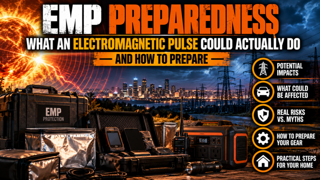 EMP preparedness with power grid infrastructure, emergency electronics, backup power and protective storage