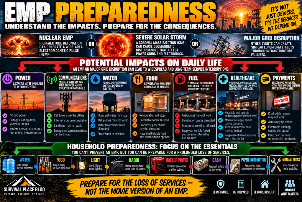EMP preparedness infographic showing potential impacts of a major electromagnetic or grid disruption on power, communications, water, food, fuel, healthcare, and payments, followed by household preparation priorities including water, food, lighting, radio, backup power, cash, paper information, and manual tools.