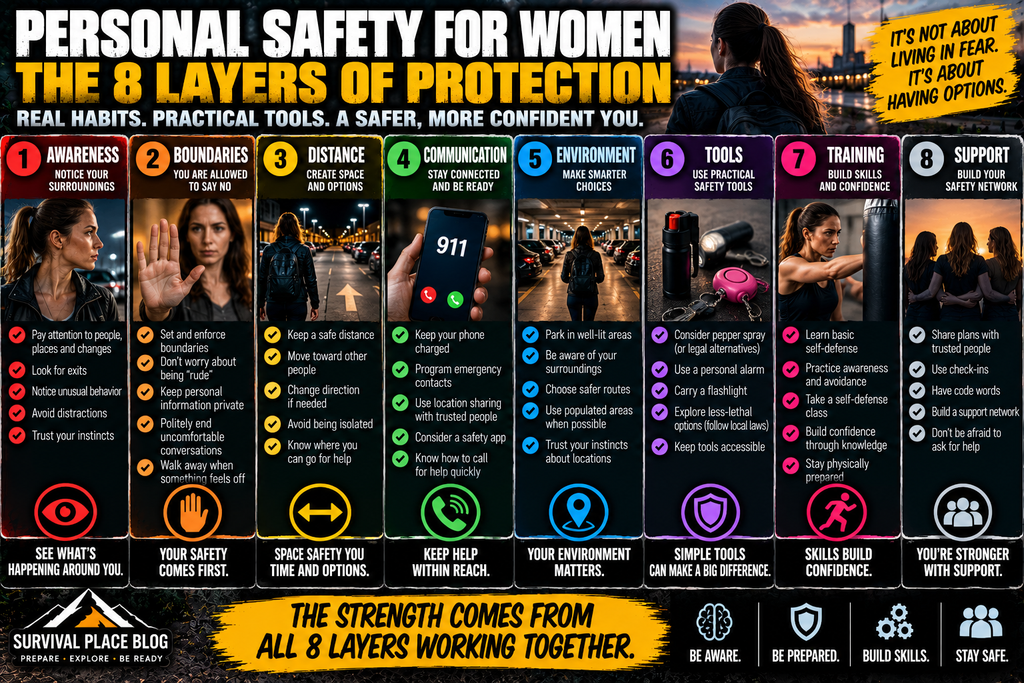 Personal safety for women infographic showing eight layers of protection: awareness, boundaries, distance, communication, environment, tools, training, and support, with practical examples for each layer.