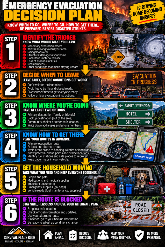 Emergency evacuation decision plan infographic showing six steps: identify the evacuation trigger, decide when to leave, choose primary and backup destinations, plan primary and alternate routes, gather household members, pets, medications and supplies, and reassess safely if the evacuation route is blocked.