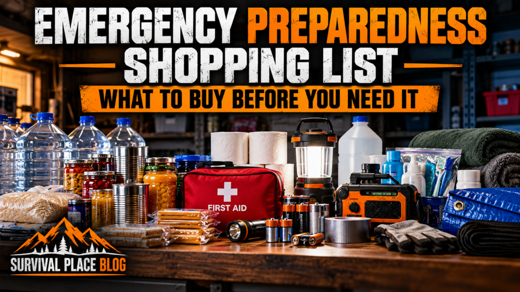 Emergency preparedness shopping list with water, food, first aid, lighting and household supplies