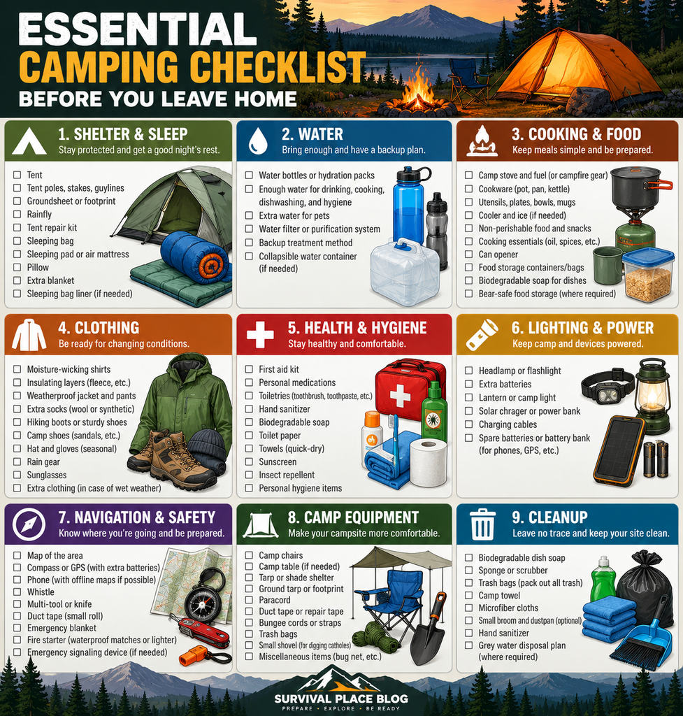 Survival Place Blog infographic showing an essential camping checklist organized into nine categories: shelter and sleep, water, cooking and food, clothing, health and hygiene, lighting and power, navigation and safety, camp equipment, and cleanup.
