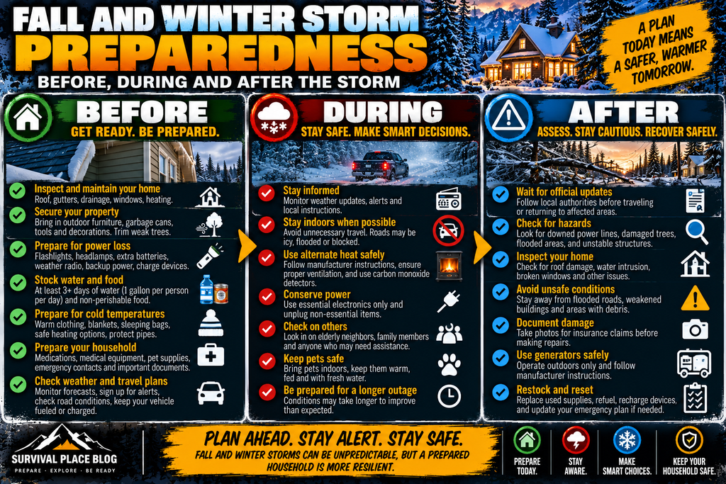 Fall and winter storm preparedness infographic showing actions before, during, and after a storm, including preparing the home and supplies, staying informed and indoors when possible, using safe heating, conserving power, checking hazards after the storm, and safely recovering and restocking supplies.