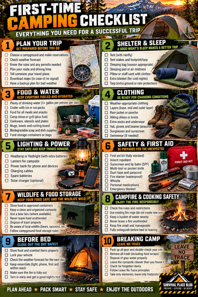 First-time camping checklist covering trip planning, tent and sleeping gear, food and water, clothing, lighting, first aid, wildlife safety, campfire safety and breaking camp.