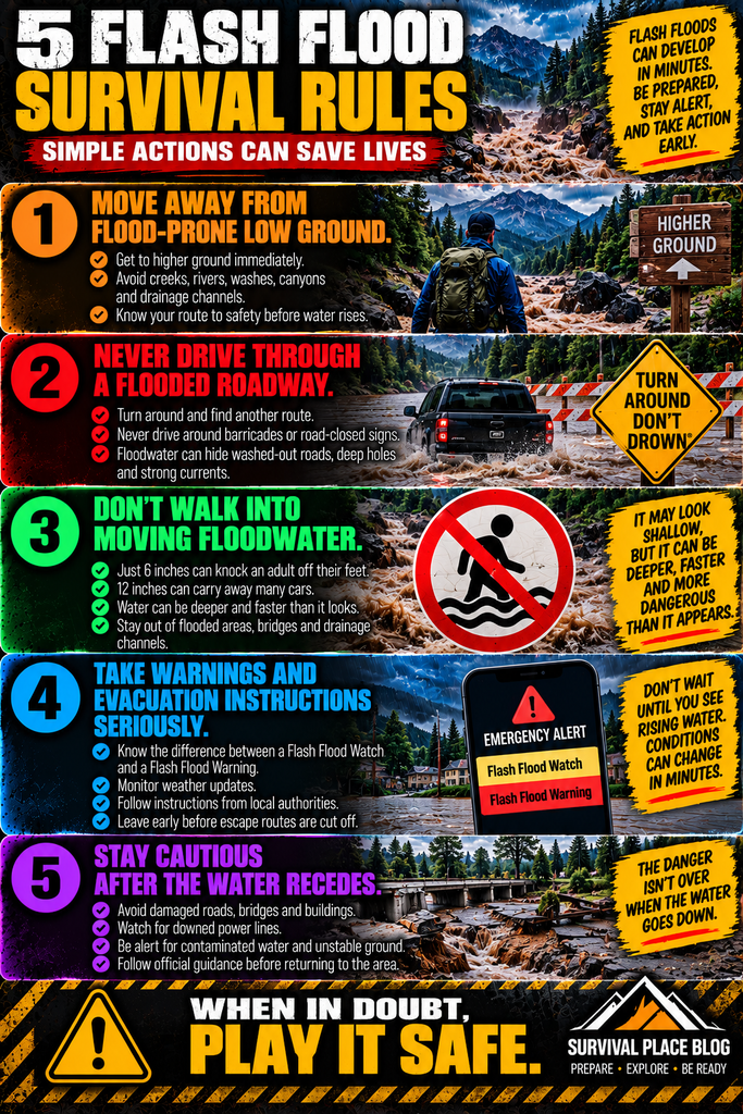 Five flash flood survival rules infographic showing five actions: move away from flood-prone low ground, never drive through a flooded roadway, never walk into moving floodwater, take warnings and evacuation instructions seriously, and stay cautious after the water recedes.