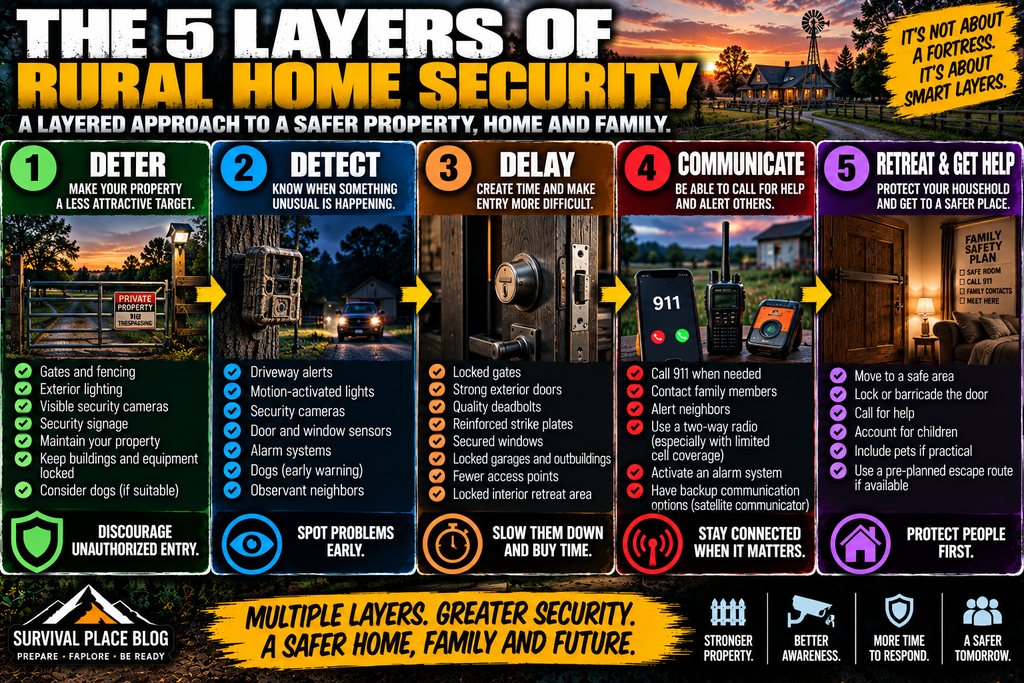 Rural home security infographic showing five layers of protection: deter with gates, fencing and lighting; detect with cameras, alerts and sensors; delay entry with locks and reinforced doors; communicate with emergency contacts, neighbors and radios; and retreat and get help using a household safety plan.