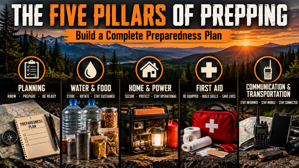 Five pillars of prepping covering planning, water and food, home and power, first aid, communication and transportation