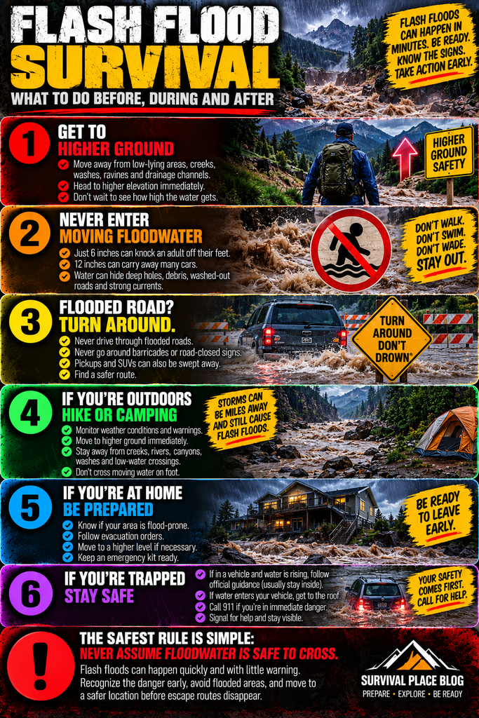 Flash flood survival infographic showing six key actions: move to higher ground, never enter moving floodwater, turn around when encountering a flooded road, move to higher ground when hiking or camping, prepare to evacuate at home, and stay safe and call for help if trapped. The graphic emphasizes never assuming floodwater is safe to cross.