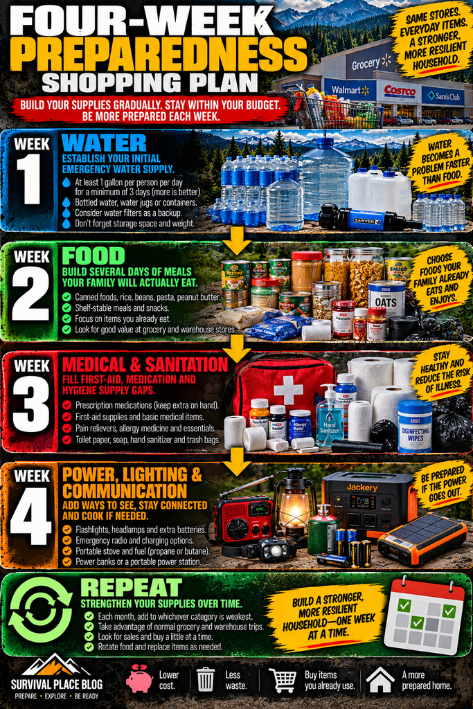 Four-week emergency preparedness shopping plan infographic showing Week 1 water, Week 2 food, Week 3 medical and sanitation supplies, Week 4 power lighting and communication, followed by a repeat cycle to strengthen the household's weakest supply category over time.