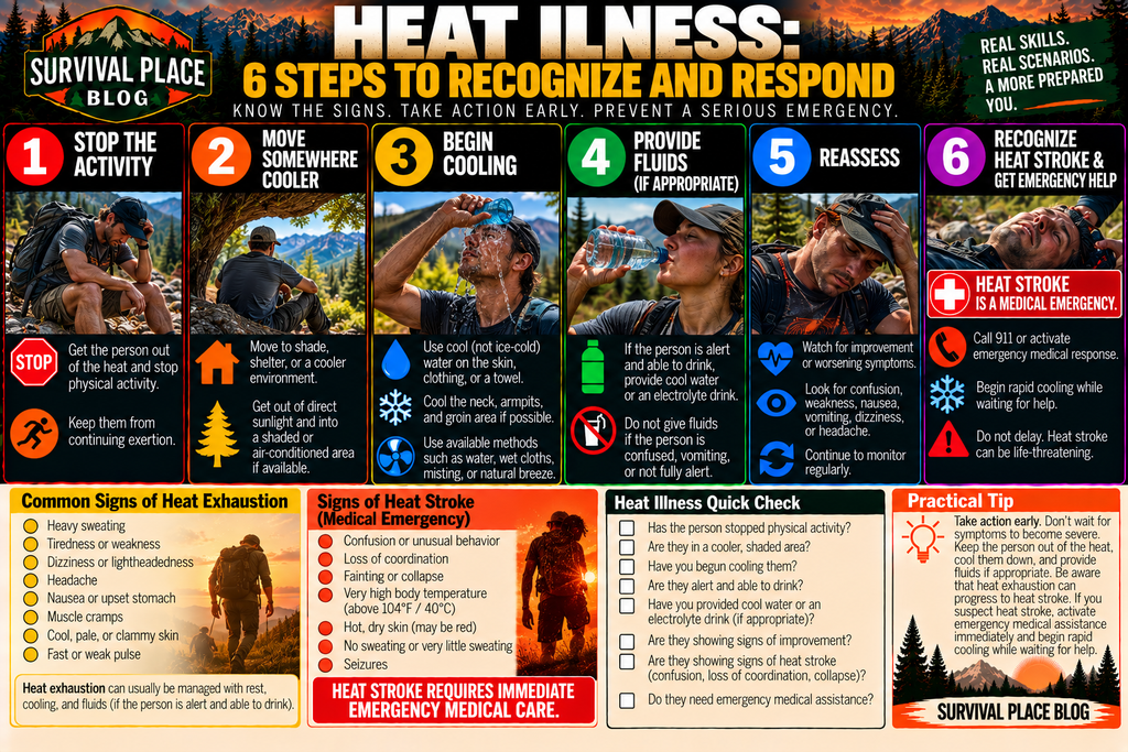 Survival Place Blog infographic showing six steps for responding to heat illness: stop physical activity, move the person somewhere cooler, begin cooling, provide fluids if the person is alert and able to drink, reassess symptoms, and recognize heat stroke as a medical emergency requiring emergency assistance and rapid cooling.

