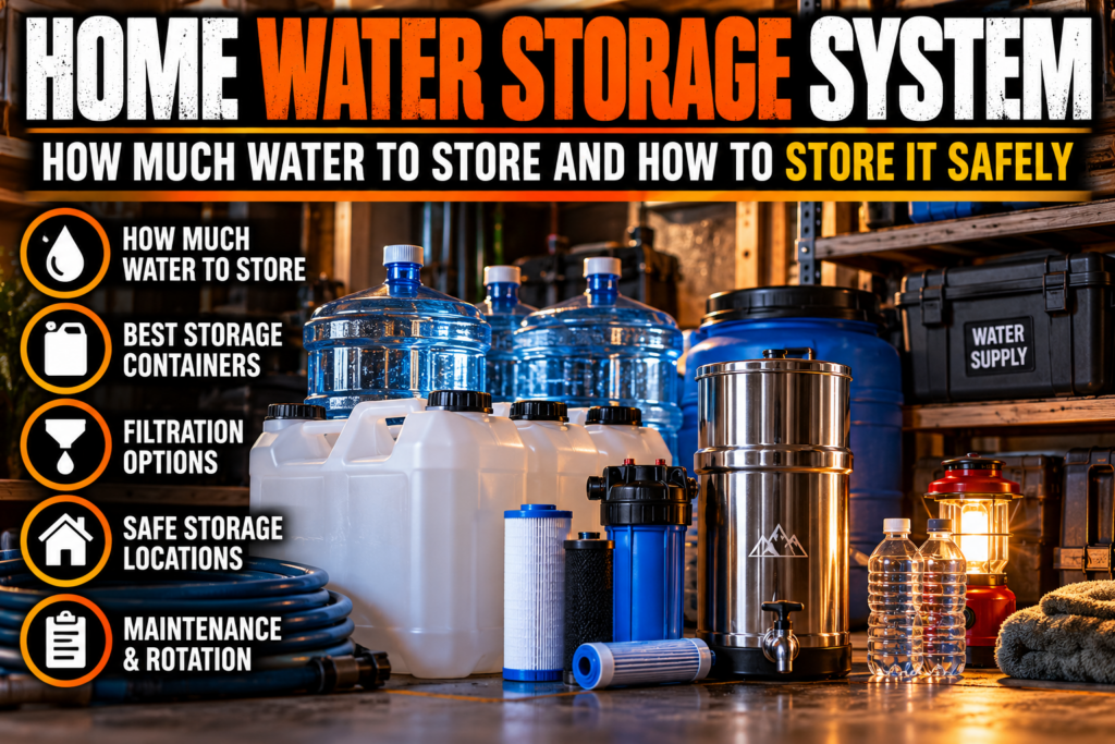 Home water storage system with emergency water containers, filtration equipment and stored drinking water