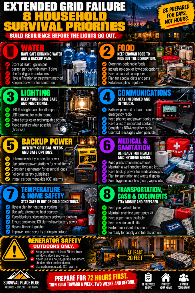 Power grid attack preparedness infographic showing eight household survival priorities for an extended grid failure: water, food, emergency lighting, communications, backup power, medical and sanitation supplies, temperature and home safety, and transportation, cash and important documents, with a generator safety reminder.
