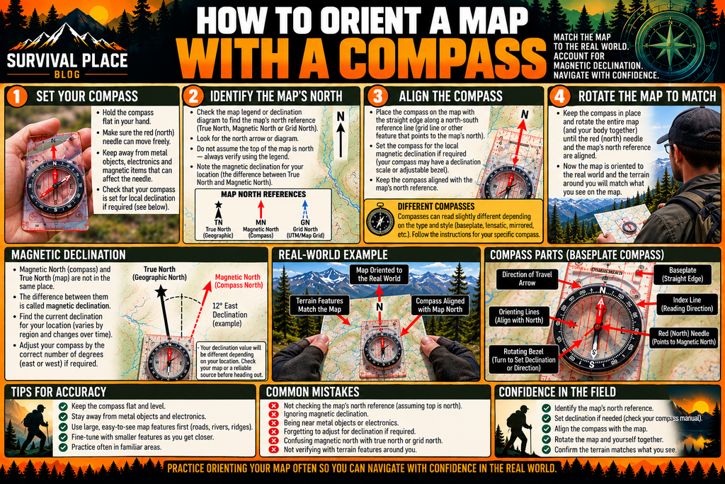 Step-by-step illustration showing how to orient a topographic map with a compass, including map north, magnetic declination, compass alignment, and matching terrain features.