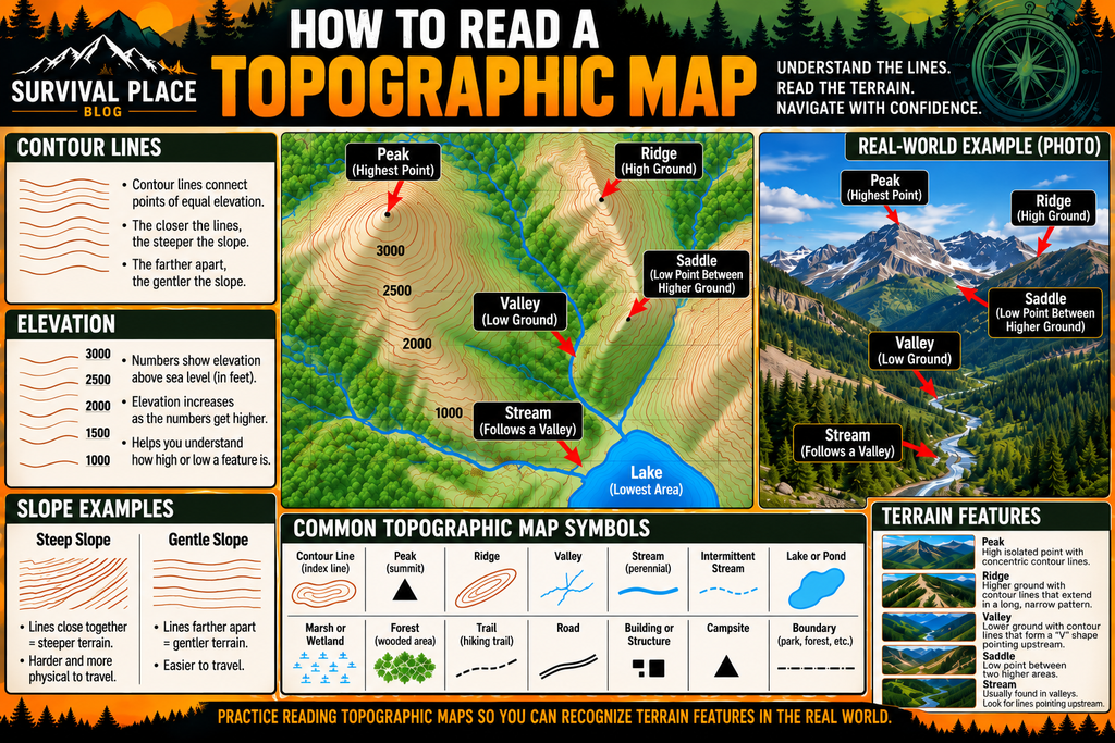 How to read a topographic map showing contour lines, elevation, steep and gentle slopes, peaks, ridges, valleys, saddles, streams, lakes, and common topographic map symbols.