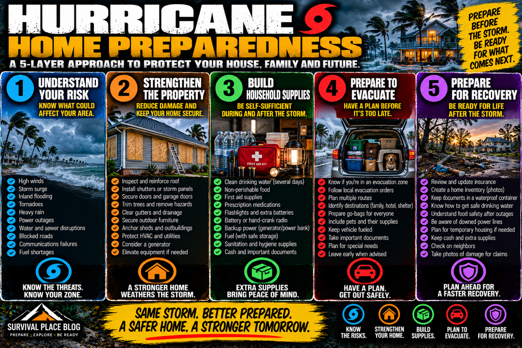 Hurricane home preparedness infographic showing five layers: understand your risk, strengthen the property, build household supplies, prepare to evacuate, and prepare for recovery, with practical actions listed for each layer.
