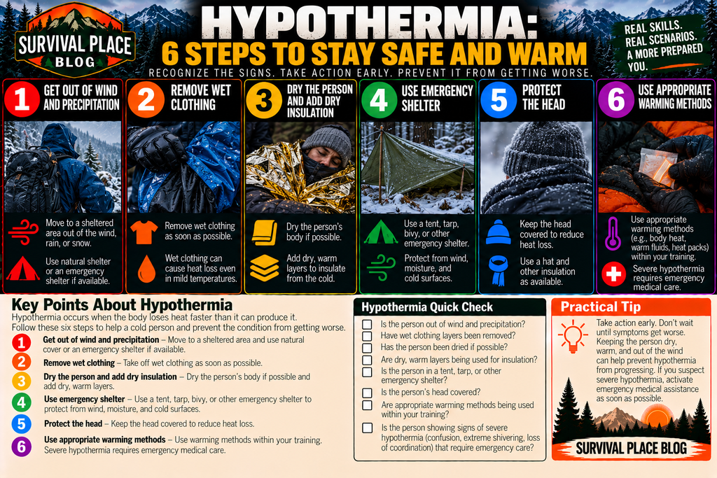 Survival Place Blog infographic showing six steps for helping someone with hypothermia: get out of wind and precipitation, remove wet clothing, dry the person and add dry insulation, use emergency shelter, protect the head, and provide appropriate warming while recognizing when emergency medical care is required.
