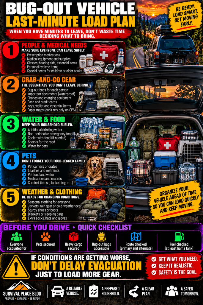 Bug out vehicle last-minute load plan infographic showing five evacuation loading priorities: people and medical needs, grab-and-go gear, emergency water and food, pet supplies, and weather clothing, plus a final vehicle departure checklist.