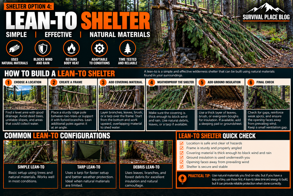 Lean-to shelter construction showing site selection, frame building, natural covering, weatherproofing, ground insulation, and common lean-to configurations
