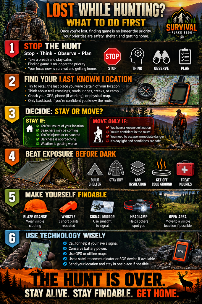 Lost while hunting survival infographic showing six steps: stop the hunt, find your last known location, decide whether to stay or move, prevent exposure, signal rescuers, and use emergency communication technology.