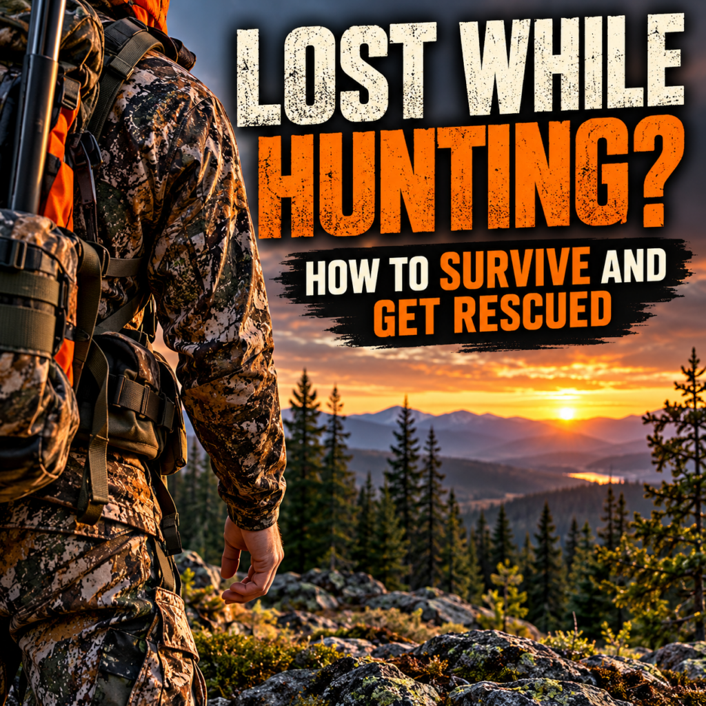Lost while hunting survival guide showing a hunter in camouflage overlooking a remote mountain wilderness at sunset.