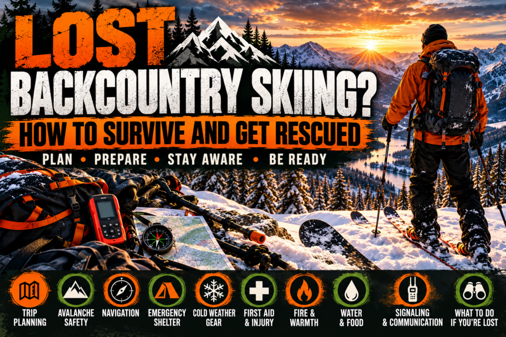 Lost backcountry skiing survival guide showing a skier in snowy mountain terrain with navigation gear, emergency equipment and rescue essentials.
