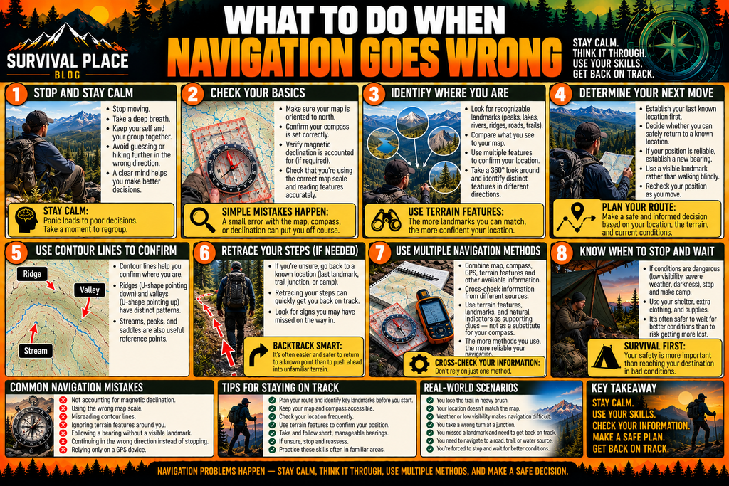 Wilderness navigation guide showing steps to take when lost, including stopping, checking the map and compass, identifying landmarks, retracing steps, using multiple navigation methods, and deciding when to wait.