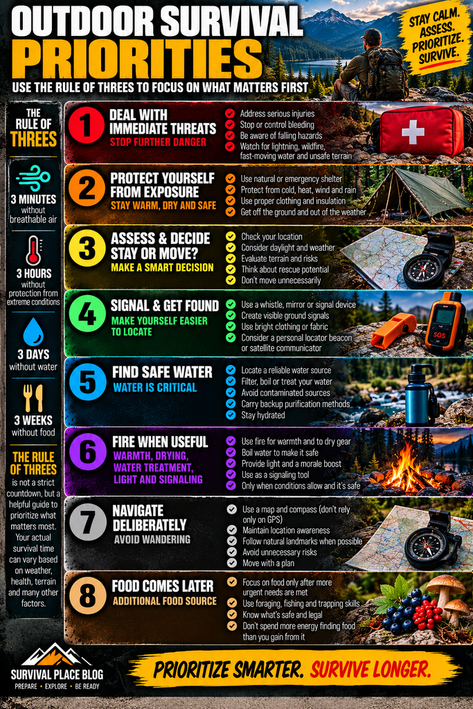Outdoor survival priorities infographic showing the Rule of Threes and eight priorities: immediate threats, protection from exposure, deciding whether to stay or move, signaling for rescue, finding safe water, using fire when useful, navigating deliberately, and addressing food last. The graphic emphasizes staying calm, assessing the situation, and prioritizing the most dangerous problem first.