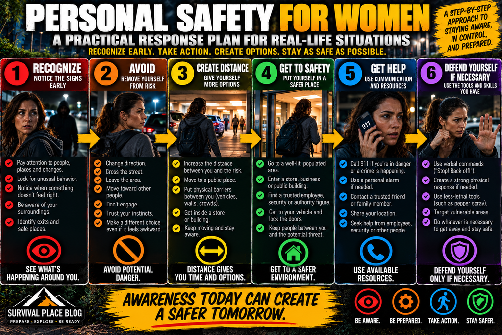 Personal safety infographic showing six steps: recognize warning signs, avoid risk, create distance, get to safety, get help, and defend yourself if necessary, with practical actions for each step.