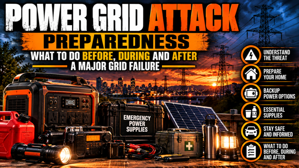 Power grid attack preparedness with backup power, emergency radio, solar panel and essential supplies