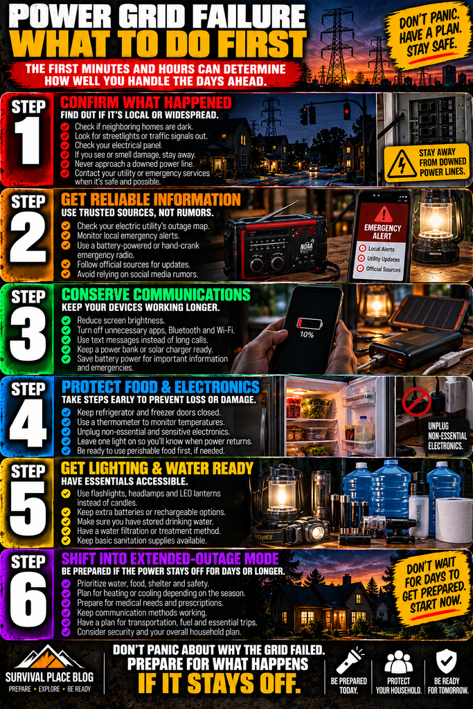 Power grid attack preparedness infographic showing six actions to take during a major grid failure: confirm the outage, get reliable information, conserve communications, protect refrigerated food and electronics, prepare emergency lighting and water, and plan for an extended power outage.
