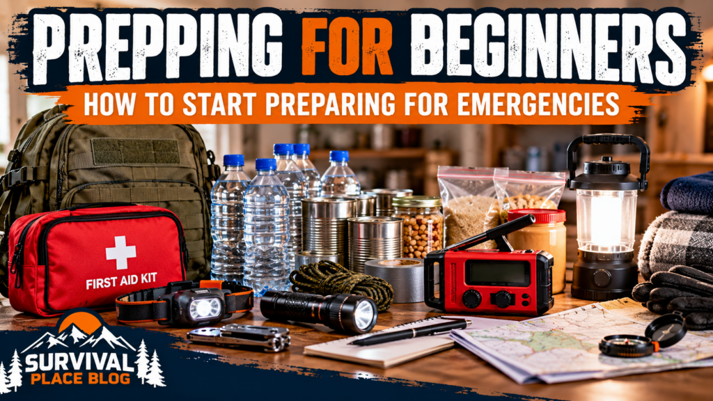 Prepping for beginners emergency supplies including water, food, first aid, lighting and emergency radio