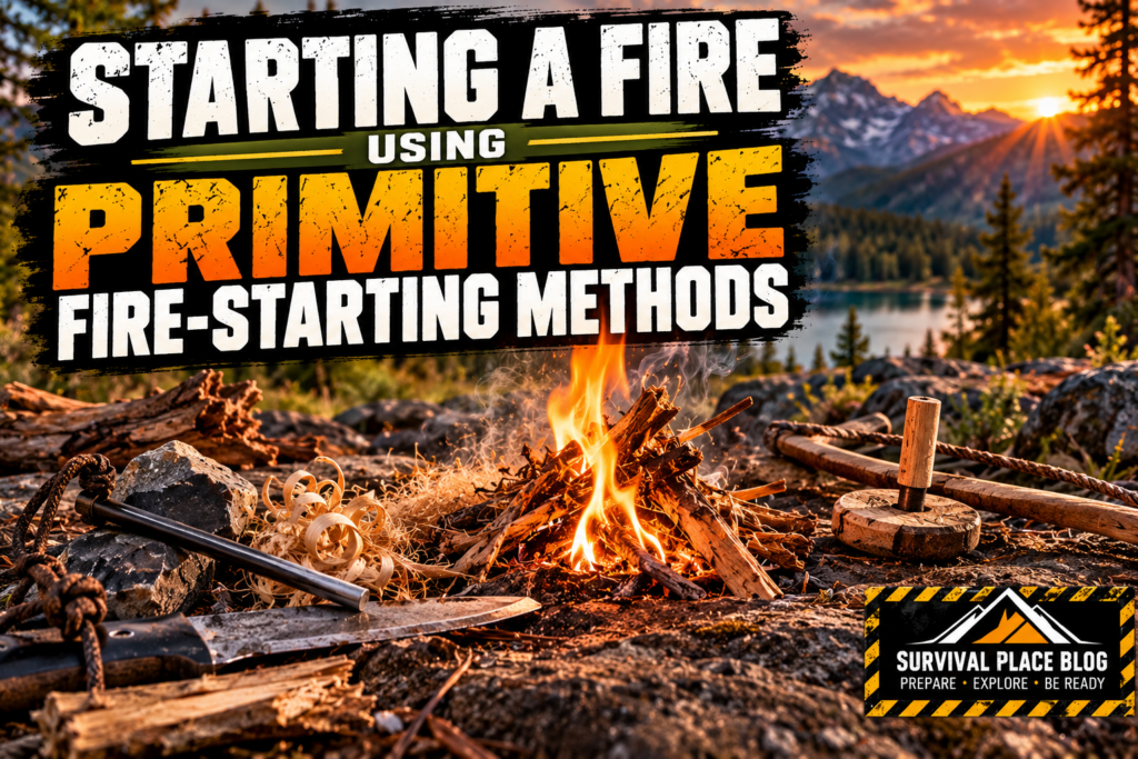 Starting a fire using primitive fire-starting methods with tinder, ferro rod, bow drill and traditional fire-making tools in a wilderness setting.