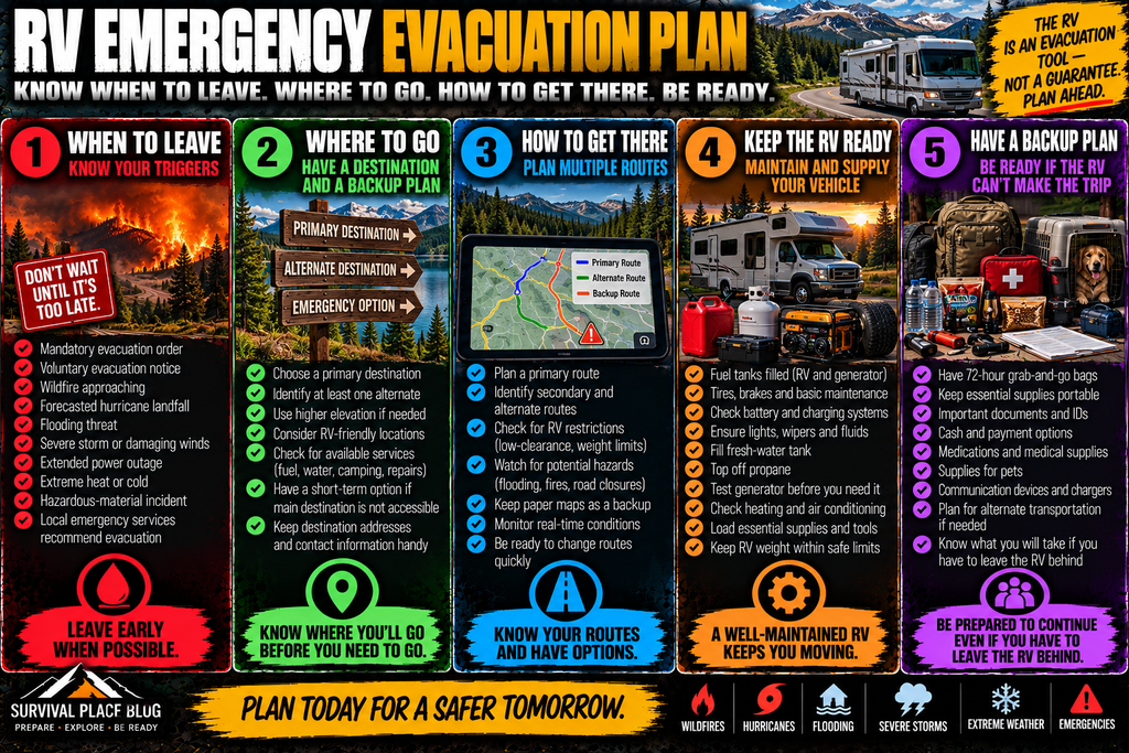 RV emergency evacuation infographic showing five planning priorities: know when to leave, know where to go, plan multiple routes, keep the RV maintained and supplied, and have a backup plan if the RV cannot make the trip.