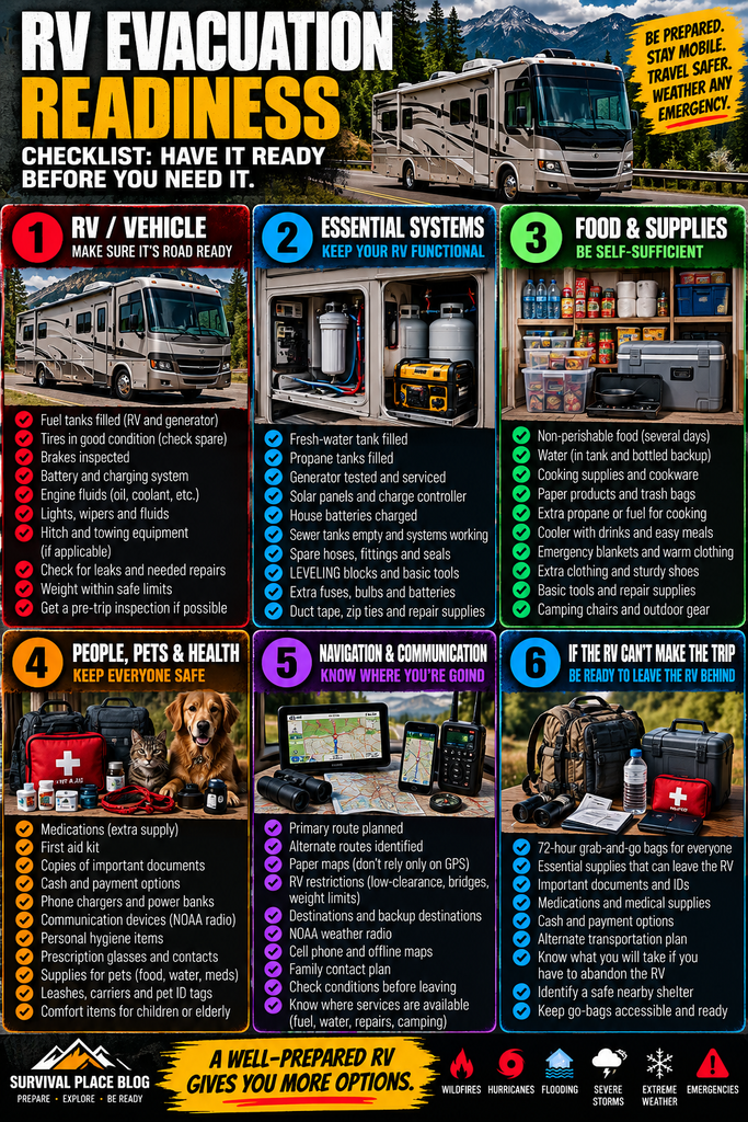 RV evacuation readiness infographic showing six preparation areas: RV and vehicle readiness, essential RV systems, food and supplies, people pets and health, navigation and communication, and a backup plan if the RV cannot make the trip.