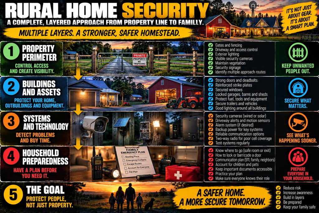 Rural home security infographic showing five layers: property perimeter, buildings and assets, security systems and technology, household preparedness, and protecting people rather than property, with practical measures for each layer.