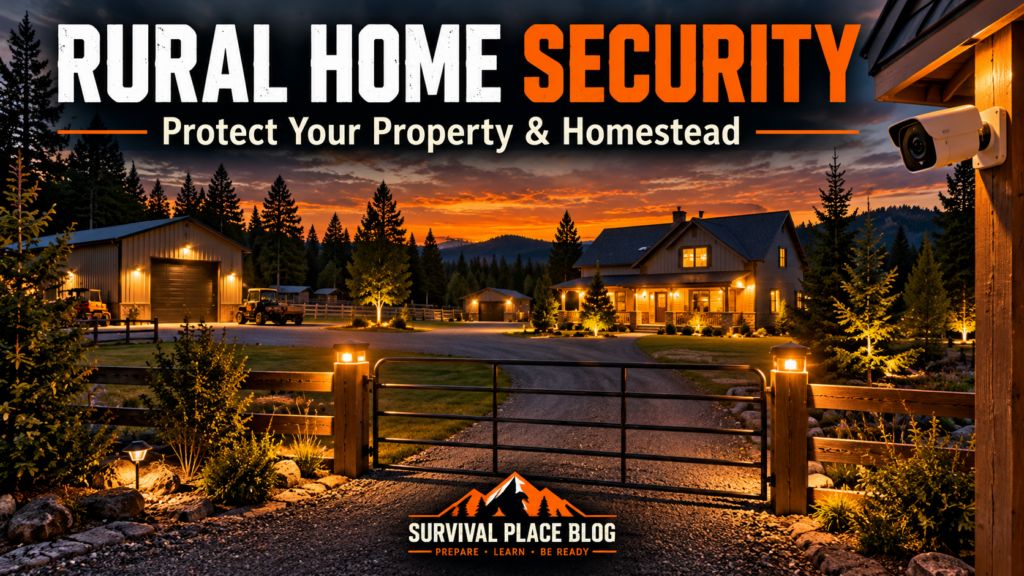 Rural home security with a protected house, driveway, gate and outbuildings