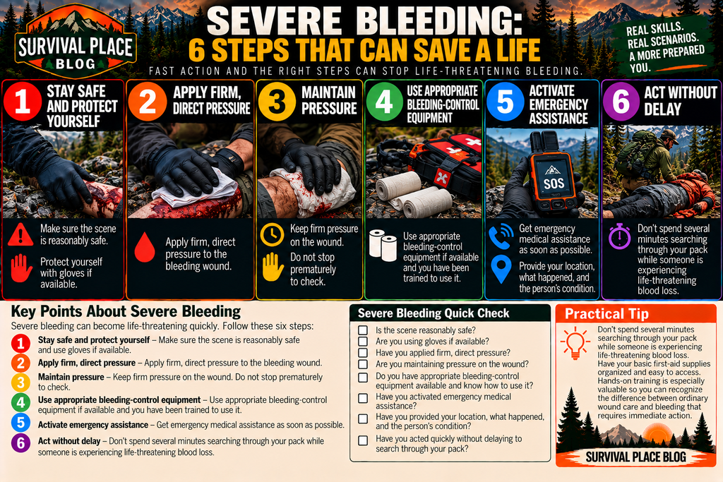 Survival Place Blog infographic showing six steps for responding to severe bleeding in the wilderness: stay safe and protect yourself, apply firm direct pressure, maintain pressure, use appropriate bleeding-control equipment if available and trained, activate emergency medical assistance, and act without delay.
