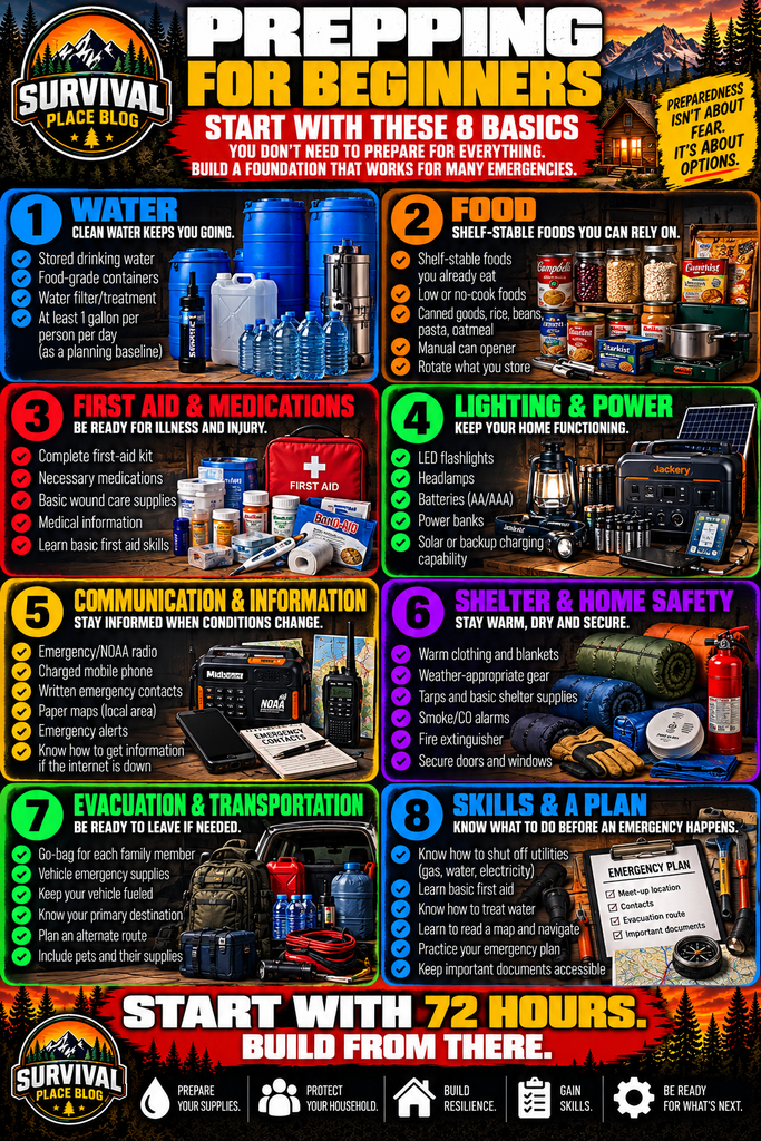 Prepping for beginners infographic showing eight emergency preparedness basics: water, food, first aid and medications, lighting and backup power, communication and information, shelter and home safety, evacuation and transportation, and emergency skills and planning.