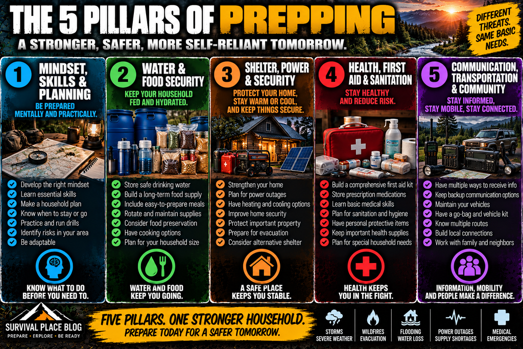 Five Pillars of Prepping infographic showing Mindset, Skills and Planning; Water and Food Security; Shelter, Power and Security; Health, First Aid and Sanitation; and Communication, Transportation and Community, with practical preparedness actions for each pillar.
